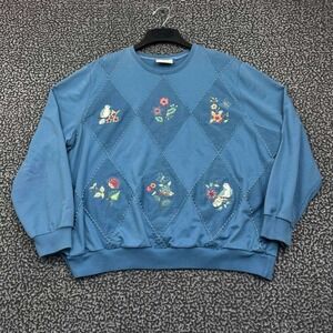 Vintage Alfred Dunner Sweatshirt Women XXL Blue Floral Long Sleeve Crew Neck 2XL